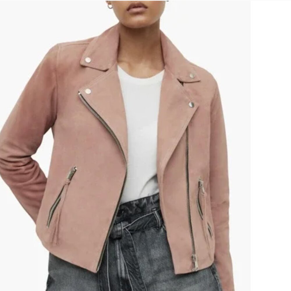 AllSaints Derby Pink Suede Leather Biker Jacket
